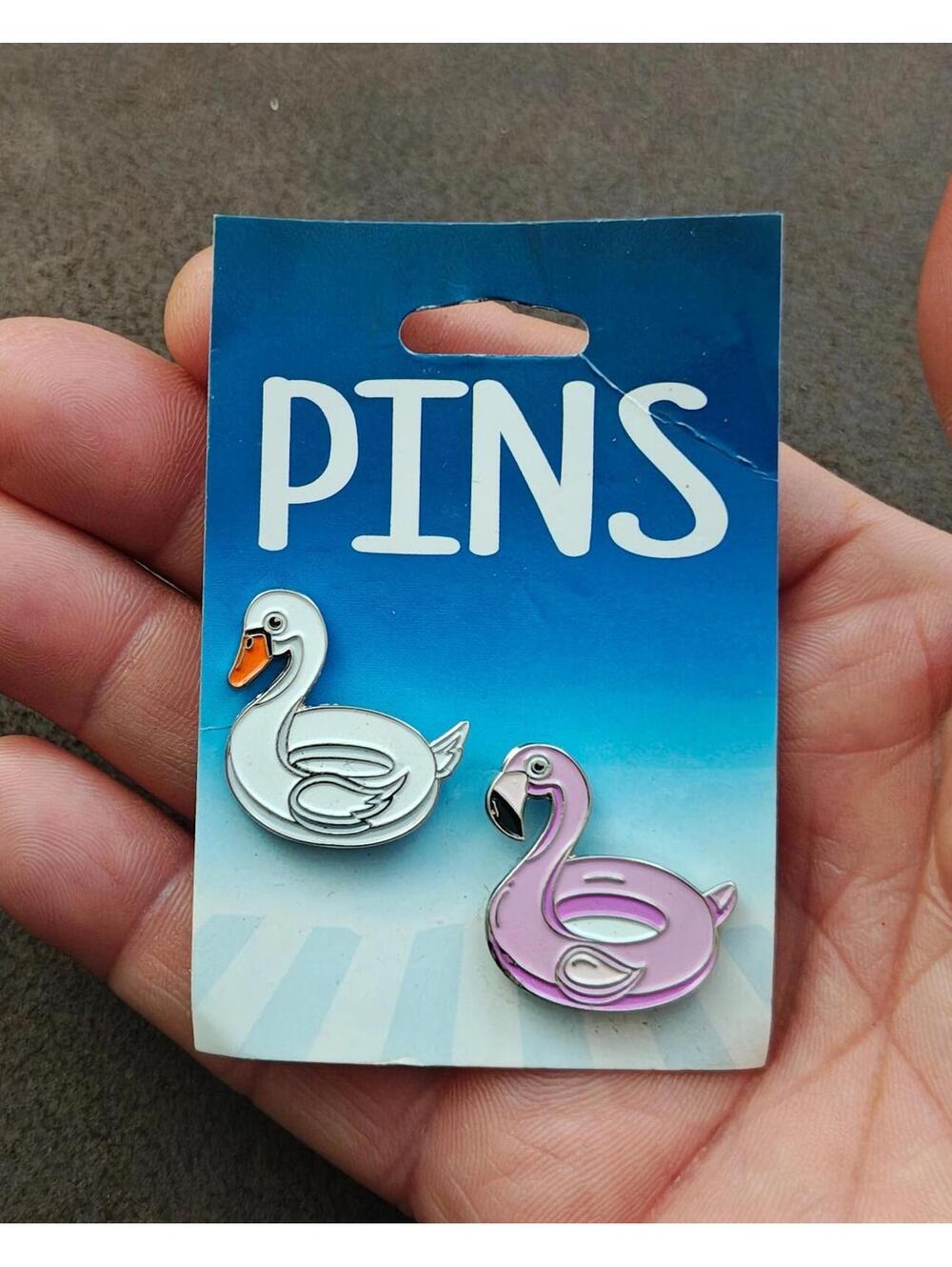 Colorful Set Of 1 White Swan Pin and 1 Pink Flamingo Silver Tone Pins New